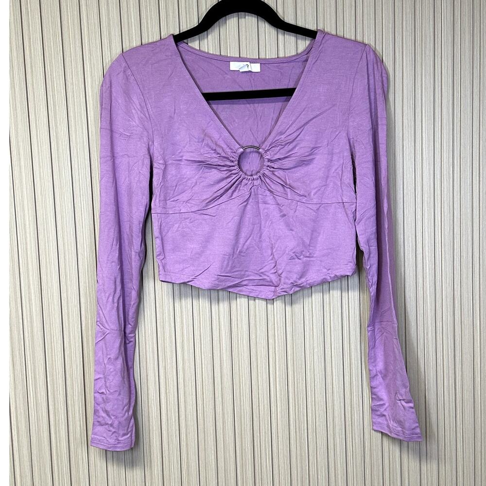 BP. V-Neck Keyhole Long Sleeve Crop Top in Pink Gale Size S